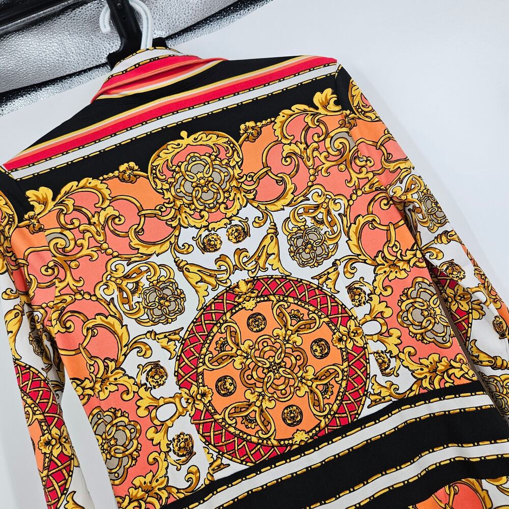 Cache Sheath Dress Orange Yellow stretch Brocade Long Sleeve Art Deco Size S - Picture 7 of 7